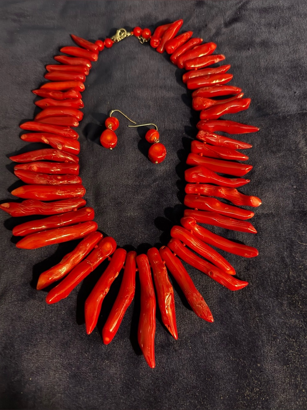 JTV Red Coral Spike Necklace with Matching Drop Earrings
